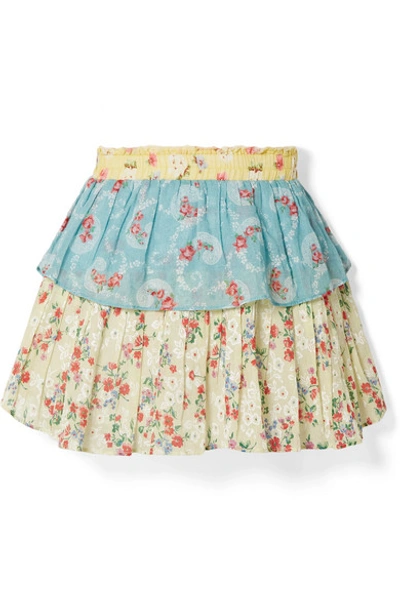 Shop Loveshackfancy Tiered Patchwork Floral-print Cotton-voile Mini Skirt In Light Blue