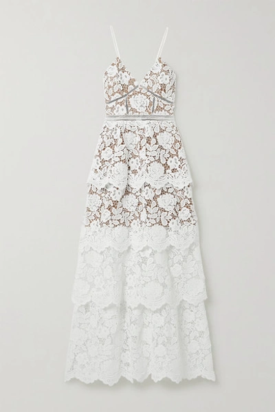 Shop Self-portrait Crochet-trimmed Tiered Corded Lace Gown In Ivory