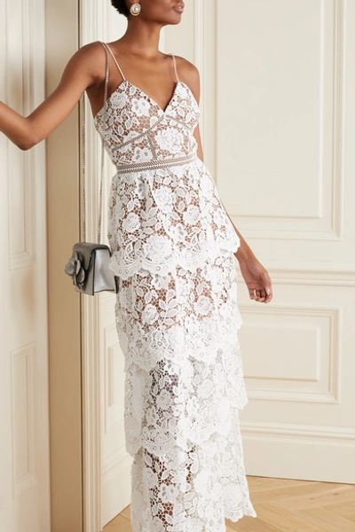 Shop Self-portrait Crochet-trimmed Tiered Corded Lace Gown In Ivory