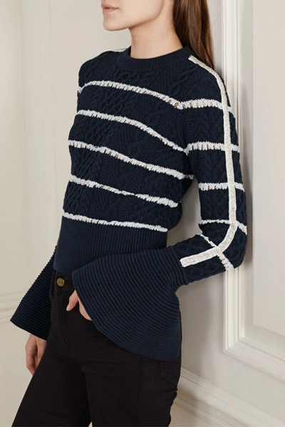 Shop Self-portrait Embellished Striped Cable-knit Cotton-blend Sweater In Midnight Blue