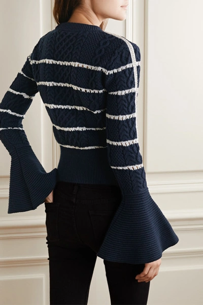 Shop Self-portrait Embellished Striped Cable-knit Cotton-blend Sweater In Midnight Blue