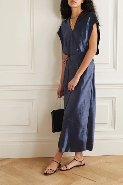 Shop Vince Belted Hammered-satin Midi Dress In Navy