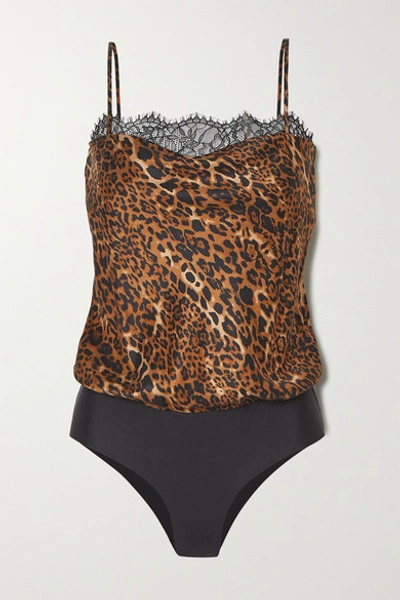 Shop Cami Nyc The Romy Lace-trimmed Leopard-print Stretch-silk Charmeuse And Jersey Bodysuit In Brown