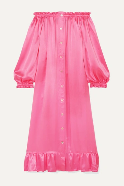 Shop Sleeper Zephyr Ruffled Off-the-shoulder Silk-satin Midi Dress In Pink