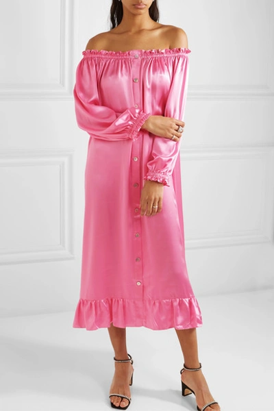 Shop Sleeper Zephyr Ruffled Off-the-shoulder Silk-satin Midi Dress In Pink