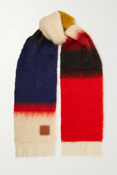 Shop Loewe Leather-trimmed Fringed Color-block Mohair-blend Scarf In Red