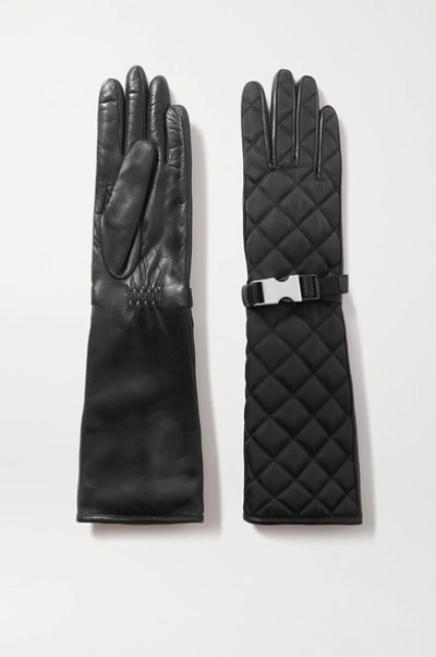 Shop Prada Buckle-detailed Quilted Nylon And Leather Gloves In Black
