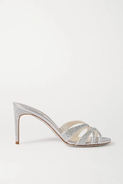 Shop René Caovilla Crystal-embellished Satin And Leather Mules In Silver
