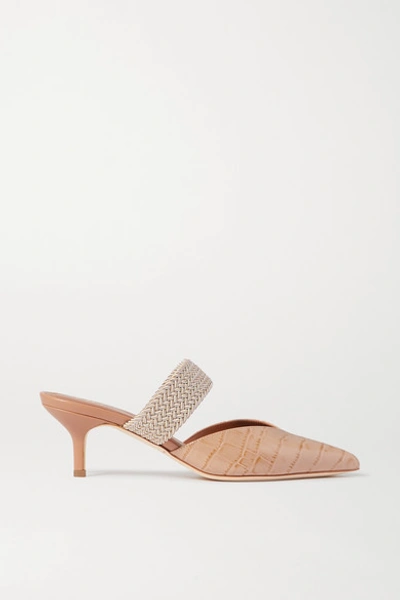 Shop Malone Souliers Maisie 45 Cord-trimmed Croc-effect Leather Mules In Neutral