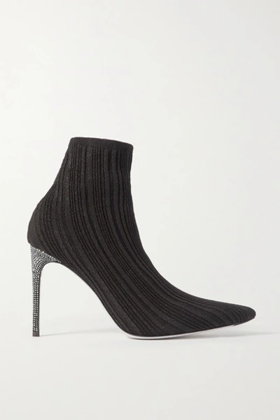 Shop René Caovilla Crystal-embellished Metallic Ribbed-knit Sock Boots In Black