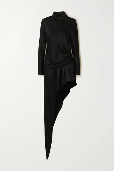 Shop Alexander Wang Asymmetric Gathered Satin Turtleneck Mini Dress In Black