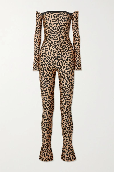 Shop Halpern Off-the-shoulder Leopard-print Stretch-jersey Jumpsuit In Leopard Print