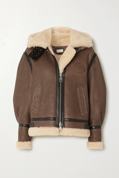 Shop Chloé Hooded Leather-trimmed Shearling Jacket In Brown