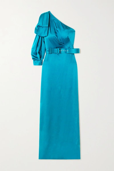 Shop Peter Pilotto One-sleeve Bow-detailed Belted Satin Gown In Blue
