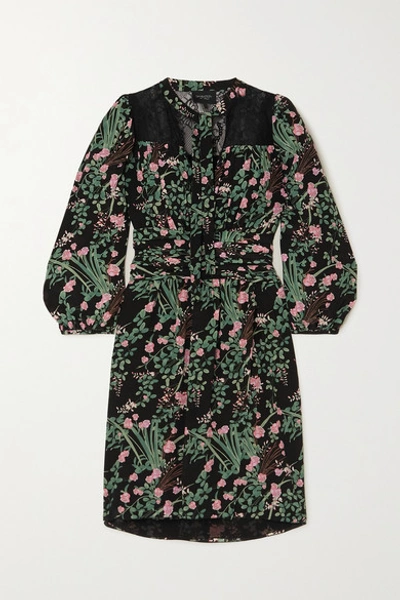 Shop Giambattista Valli Pussy-bow Lace-trimmed Floral-print Silk Crepe De Chine Mini Dress In Black