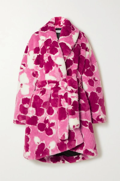 Shop Balenciaga Belted Floral-print Faux Fur Coat In Pink