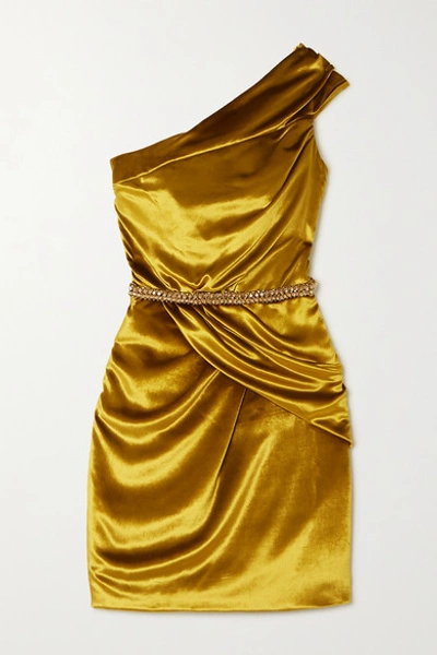 Shop Ralph & Russo Crystal-embellished Draped Velvet Mini Dress In Mustard