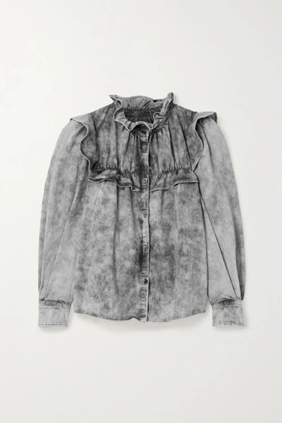 Shop Isabel Marant Étoile Idety Oversized Ruffled Acid-wash Denim Shirt In Gray