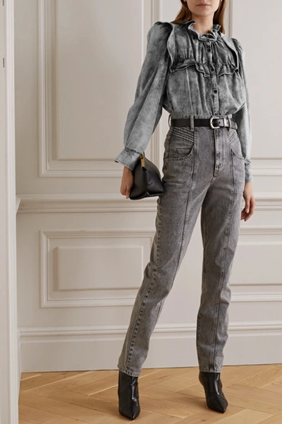 Shop Isabel Marant Étoile Idety Oversized Ruffled Acid-wash Denim Shirt In Gray