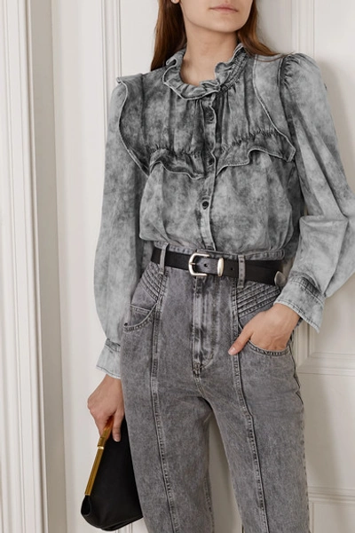 Shop Isabel Marant Étoile Idety Oversized Ruffled Acid-wash Denim Shirt In Gray