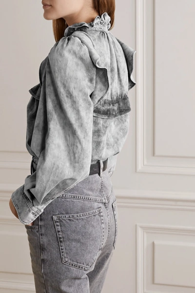 Shop Isabel Marant Étoile Idety Oversized Ruffled Acid-wash Denim Shirt In Gray