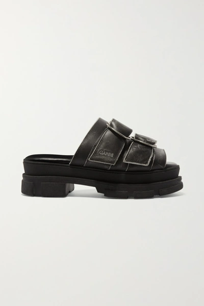 Shop Ganni Sporty Logo-embossed Distressed Buckled Leather Sandals In Black