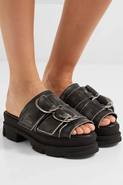 Shop Ganni Sporty Logo-embossed Distressed Buckled Leather Sandals In Black