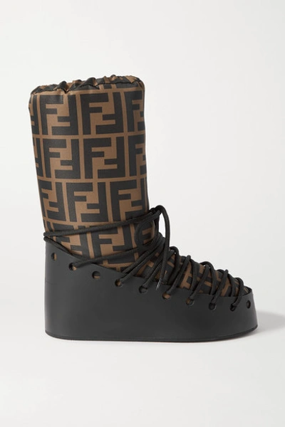 Shop Fendi Printed Shell And Leather Snow Boots In Brown