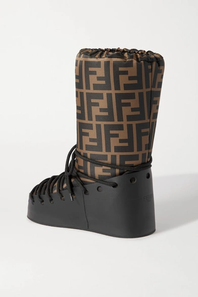 Shop Fendi Printed Shell And Leather Snow Boots In Brown