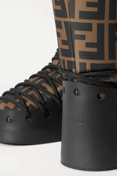 Shop Fendi Printed Shell And Leather Snow Boots In Brown
