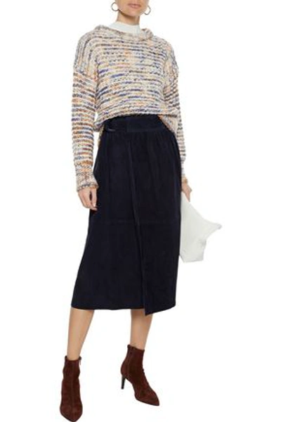Shop Joseph Betty Gathered Suede Midi Wrap Skirt In Navy