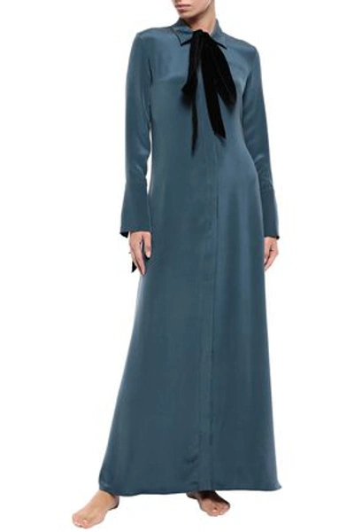 Shop Olivia Von Halle Hero Pussy-bow Silk-marocain Maxi Dress In Petrol