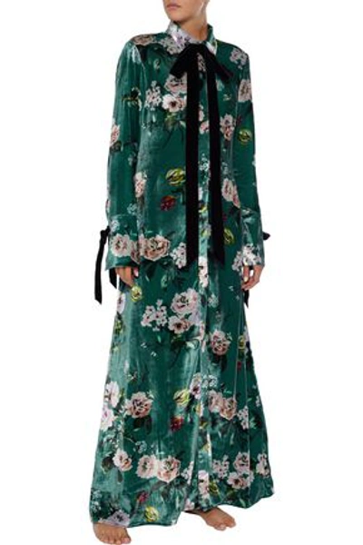 Shop Olivia Von Halle Hero Pussy-bow Floral-print Velvet Nightdress In Emerald