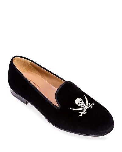 Shop Stubbs And Wootton Men's Skull Velvet Slippers In Black