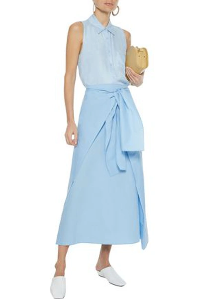 Shop Joseph Perrin Tie-front Cotton And Silk-blend Poplin Midi Skirt In Light Blue