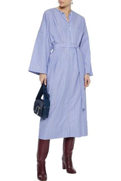 Shop Joseph Koda Belted Striped Cotton-poplin Midi Dress In Light Blue
