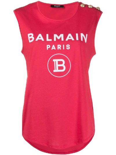 Shop Balmain Printed Logo Tank Top In Pink
