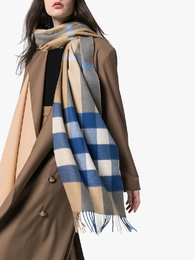 Shop Burberry Fringed Mega Checked Cashmere Scarf In Brown