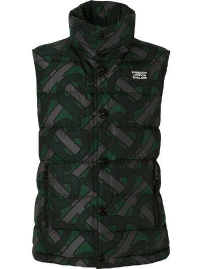 Shop Burberry Monogram Print Puffer Gilet In Forest Green Ip Pat