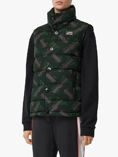 Shop Burberry Monogram Print Puffer Gilet In Forest Green Ip Pat