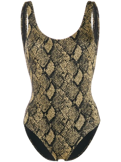 Shop Solid & Striped Scoop Neck Snakeskin Print One-piece In Yellow