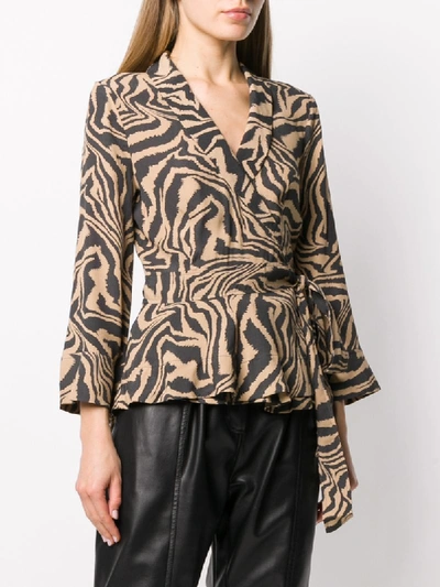 Shop Ganni Tiger Print Wrap Blouse In Neutrals