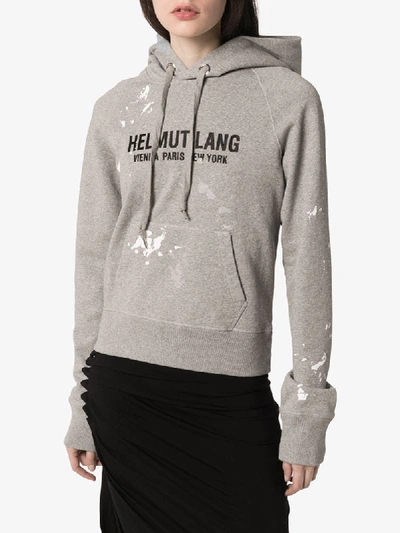 Shop Helmut Lang Logo-print Paint-splattered Cotton Hoodie In Grey