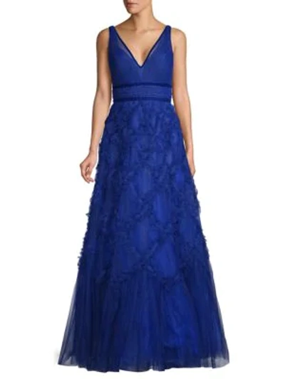 Shop Marchesa Notte V-back Ruffled Ball Gown In Royal