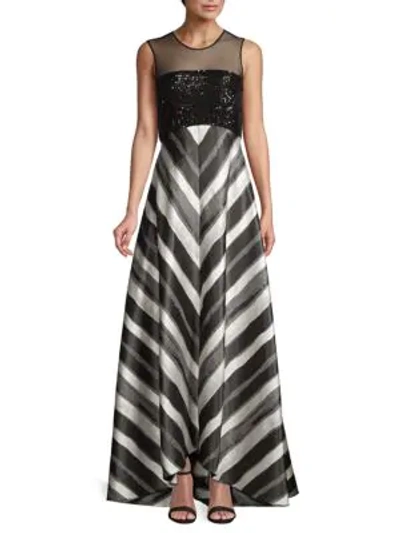 Shop Carmen Marc Valvo Infusion Striped Illusion Gown In Black Ivory