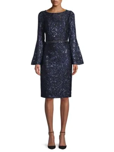 Shop Carmen Marc Valvo Infusion Embroidery Bell-sleeve Sheath Dress In Midnight