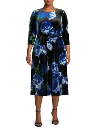 Shop Calvin Klein Plus Belted Floral Velvet Dress In Black Multi