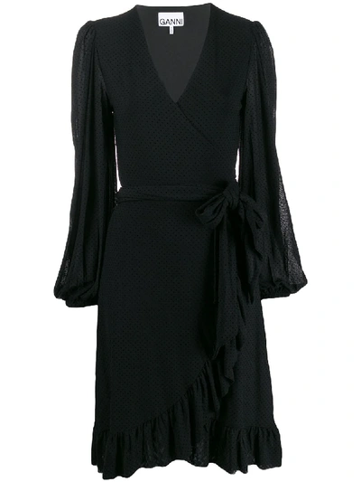 Shop Ganni Ruffled Hem Wrap Dress In Black