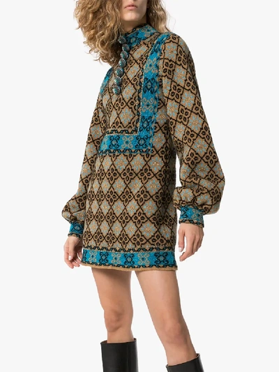 Shop Gucci Lamé Gg Geometric Floral Wool Dress In Brown