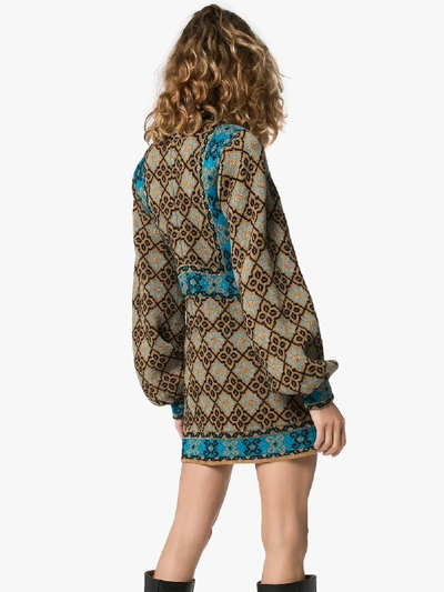 Shop Gucci Lamé Gg Geometric Floral Wool Dress In Brown